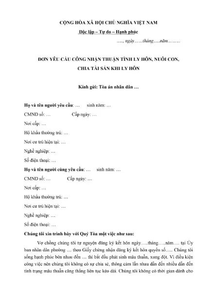 Tải mẫu đơn ly hôn viết sẵn mới nhất Mẫu đơn ly hôn thuận tình.